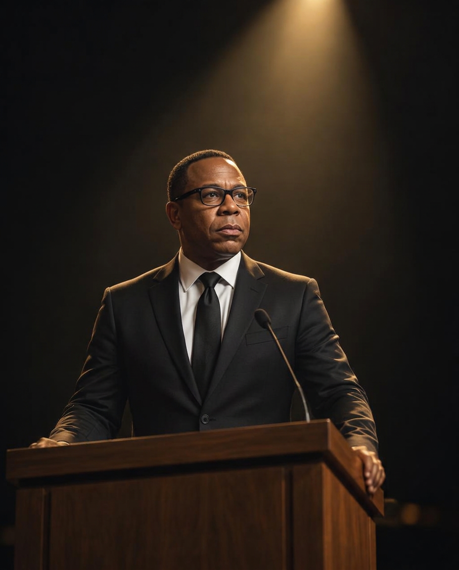 Maurice Calhoun at the podium, one warm light, mid-sentence